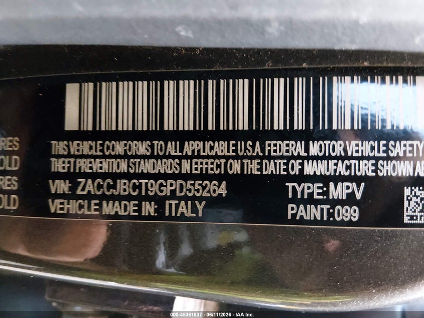 2016 Jeep Renegade VIN ZACCJBCT9GPD55264 IAAI salvage auction — FRONT END, Salvage Title, sold $1,475 on 2026-07-15 (photo 9)