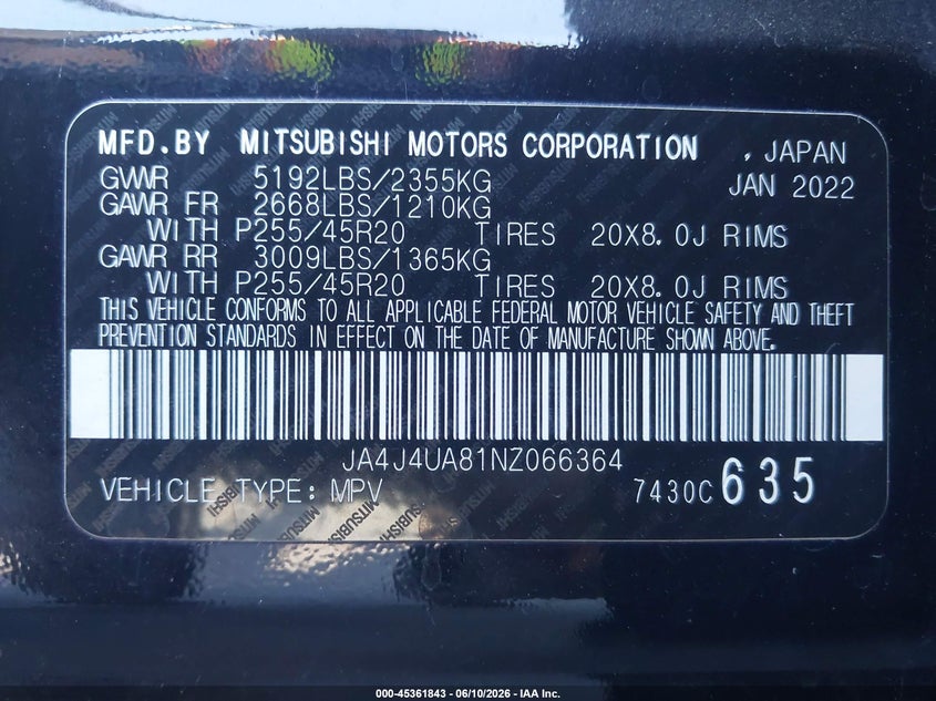 2022 Mitsubishi Outlander VIN JA4J4UA81NZ066364 IAAI salvage auction — REAR END, Salvage Title, sold $7,500 on 2026-07-24 (photo 9)
