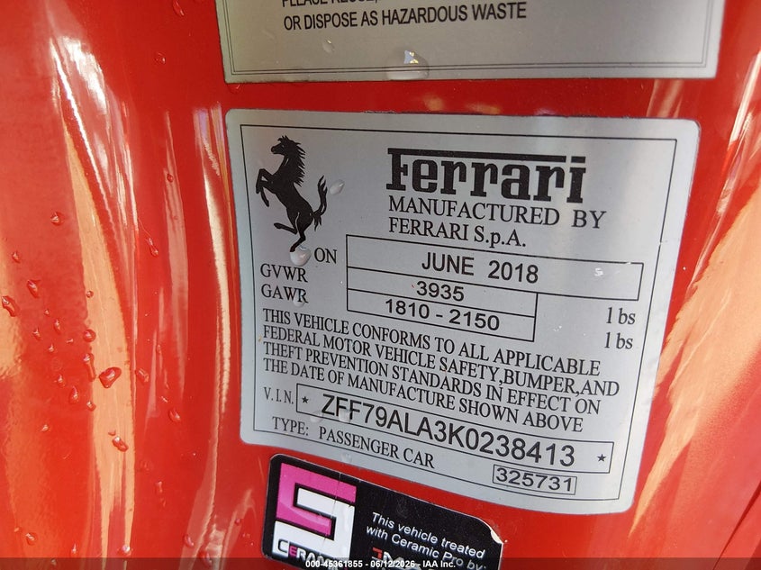 2019 Ferrari 488 VIN ZFF79ALA3K0238413 IAAI salvage auction — REAR END, Salvage Title, sold $98,000 on 2026-08-12 (photo 9)