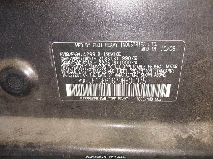 2009 Subaru Impreza VIN JF1GE61679H509075 IAAI salvage auction — NORMAL WEAR, Clear - Dealer Only (California), sold $450 on 2026-07-07 (photo 9)