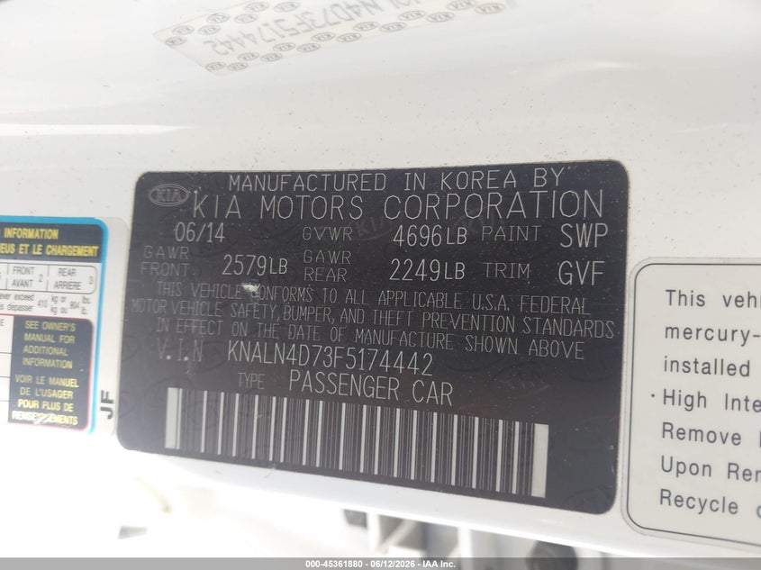 2015 Kia Cadenza VIN KNALN4D73F5174442 IAAI salvage auction — REAR END, Salvage (Georgia), sold $1,650 on 2026-07-10 (photo 9)
