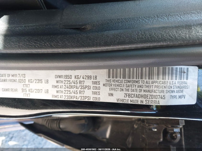 2014 Fiat 500l VIN ZFBCFADH0EZ010745 IAAI salvage auction — NORMAL WEAR, Clear (Washington), sold $350 on 2026-07-08 (photo 9)