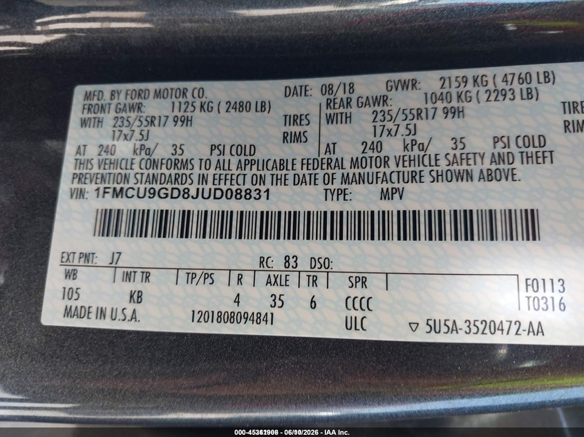 2018 Ford Escape VIN 1FMCU9GD8JUD08831 IAAI salvage auction — HAIL, SF97 (Illinois), sold $8,600 on 2026-07-09 (photo 9)