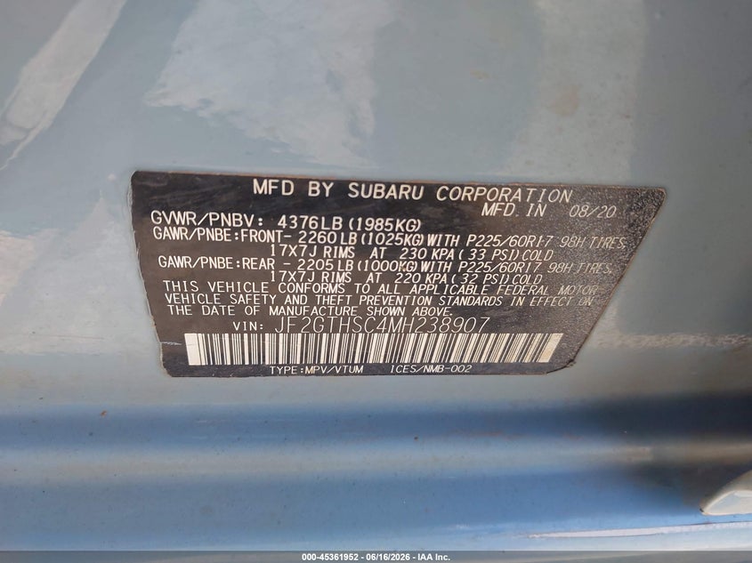 2021 Subaru Xv VIN JF2GTHSC4MH238907 IAAI salvage auction — FRONT END, Salvage (Arizona), sold $7,000 on 2026-07-23 (photo 9)
