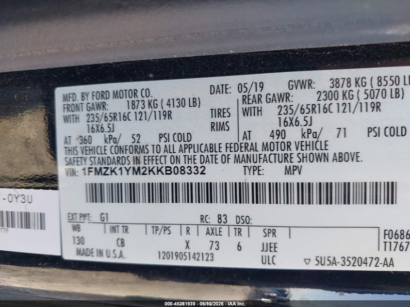 2019 Ford Transit 150 VIN 1FMZK1YM2KKB08332 IAAI salvage auction — REAR END, SF97 (Illinois), sold $21,625 on 2026-07-09 (photo 9)