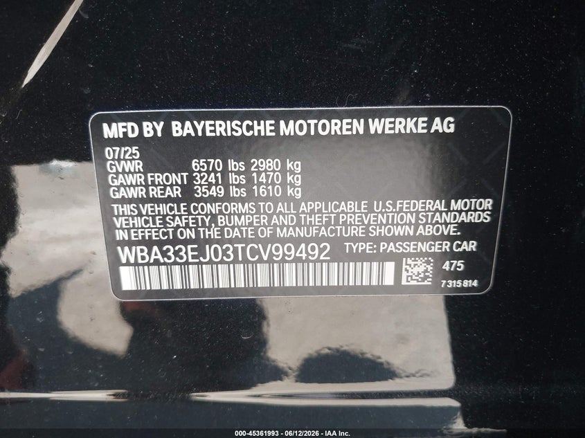 2026 BMW 7er VIN WBA33EJ03TCV99492 IAAI salvage auction — WATER/FLOOD, Wait Title, sold $45,050 on 2026-08-25 (photo 9)