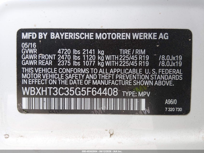 2016 BMW X1 VIN WBXHT3C35G5F64408 IAAI salvage auction — RIGHT REAR, Salvage Title, sold $5,900 on 2026-08-03 (photo 9)