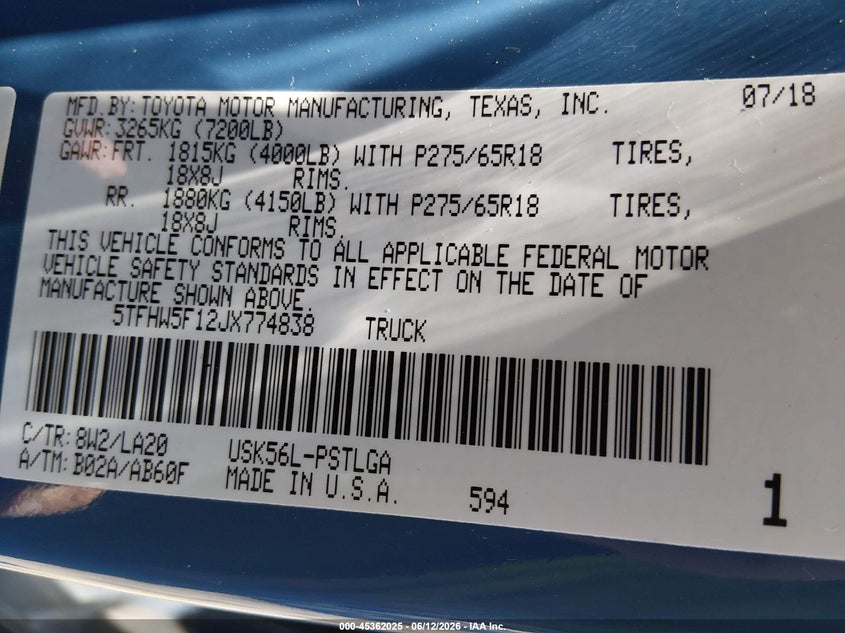 2018 Toyota Tundra VIN 5TFHW5F12JX774838 IAAI salvage auction — HAIL, Salvage (Kansas), sold $22,700 on 2026-07-10 (photo 9)