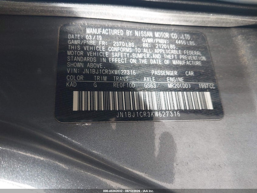 2019 Nissan Rogue VIN JN1BJ1CR3KW627316 IAAI salvage auction — FRONT END, Salvage (New Jersey), sold $2,450 on 2026-07-29 (photo 9)