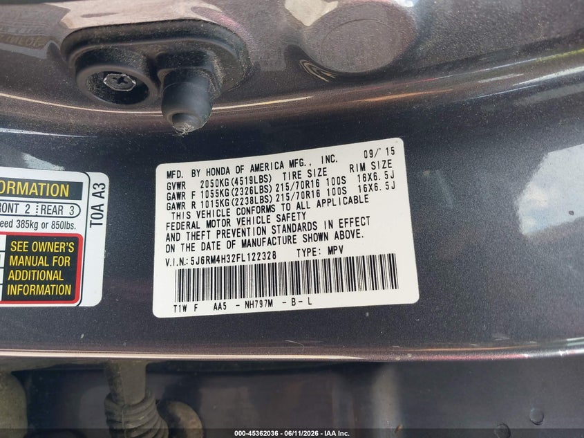 2015 Honda Cr-v VIN 5J6RM4H32FL122328 IAAI salvage auction — REAR END, Salvage (Georgia), sold $3,250 on 2026-07-26 (photo 9)
