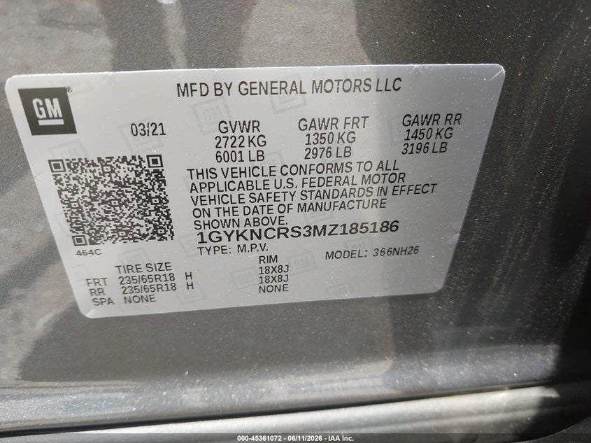 2021 Cadillac Xt5 VIN 1GYKNCRS3MZ185186 IAAI salvage auction — FRONT END, Original (Texas), sold $2,050 on 2026-07-23 (photo 9)