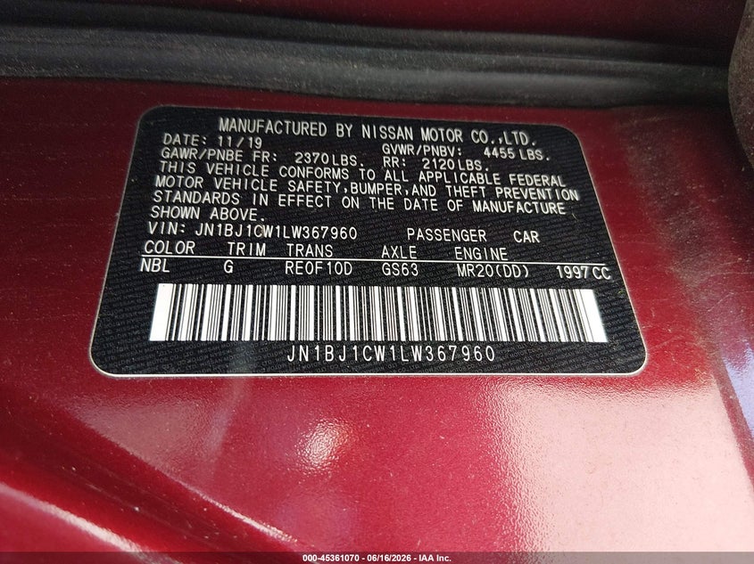 2020 Nissan Rogue VIN JN1BJ1CW1LW367960 IAAI salvage auction — STORM DAMAGE, Salvage Title, sold $4,500 on 2026-07-30 (photo 9)