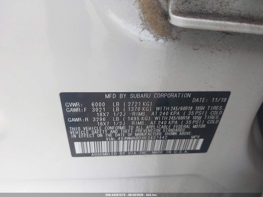 2019 Subaru Ascent VIN 4S4WMABDXK3437442 IAAI salvage auction — REAR END, Salvage (Pennsylvania), sold $4,200 on 2026-07-09 (photo 9)