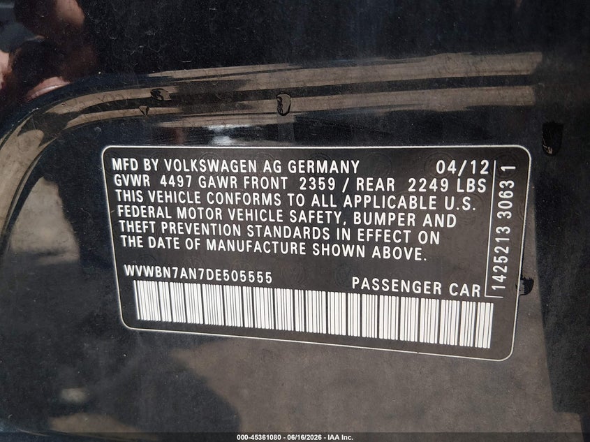 2013 Volkswagen Passat cc VIN WVWBN7AN7DE505555 IAAI salvage auction — FRONT END, Salvage (West Virginia), sold $500 on 2026-07-18 (photo 9)