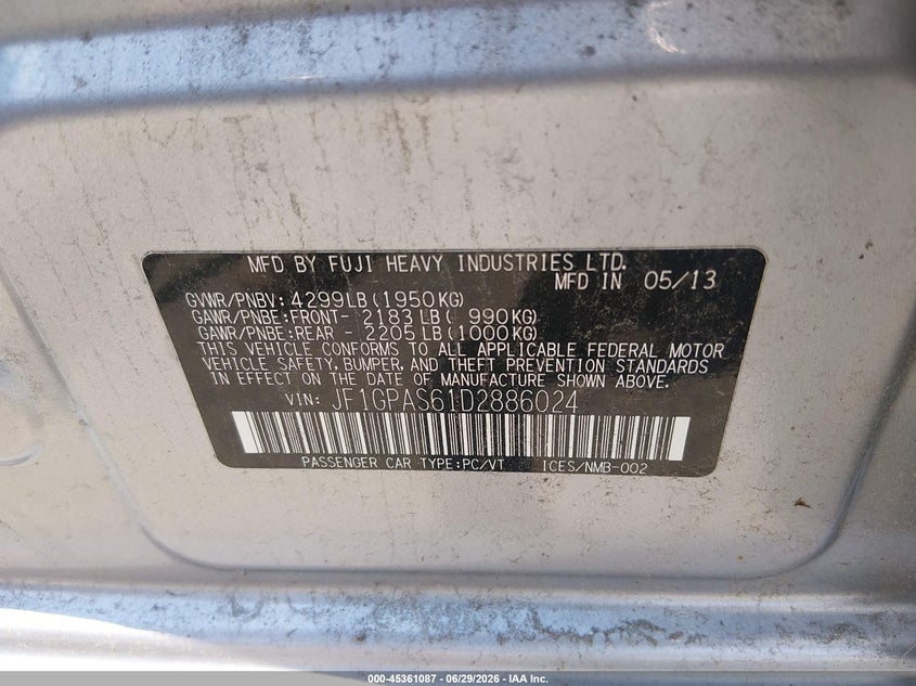2013 Subaru Impreza VIN JF1GPAS61D2886024 IAAI salvage auction — NORMAL WEAR, Original (New Hampshire), sold $375 on 2026-07-29 (photo 9)