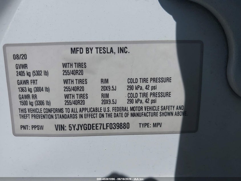 2020 Tesla Model y VIN 5YJYGDEE7LF039880 IAAI salvage auction — FRONT END, Salvage - Greater Than 75% (Maryland), sold $8,000 on 2026-07-08 (photo 9)