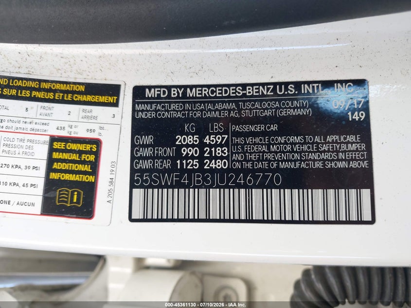 2018 Mercedes-benz C-klasse VIN 55SWF4JB3JU246770 IAAI salvage auction — UNKNOWN, Salvage Title, sold $5,400 on 2026-08-01 (photo 9)