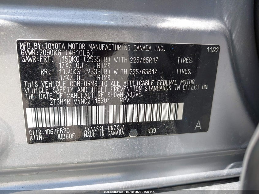 2022 Toyota Rav 4 VIN 2T3H1RFV4NC211830 IAAI salvage auction — NORMAL WEAR, Salvage (California), sold $9,175 on 2026-07-29 (photo 9)
