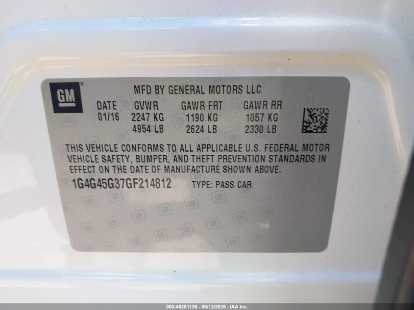 2016 Buick Lacrosse VIN 1G4G45G37GF214812 IAAI salvage auction — FRONT END, Salvage Title, sold $1,250 on 2026-07-18 (photo 9)