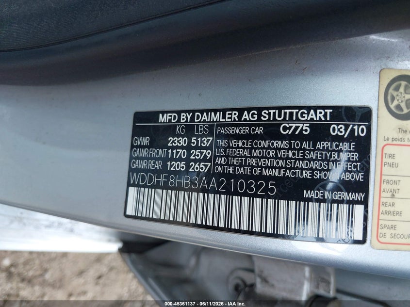 2010 Mercedes-benz E-class VIN WDDHF8HB3AA210325 IAAI salvage auction — NORMAL WEAR, Salvage (Texas), sold $550 on 2026-07-27 (photo 9)