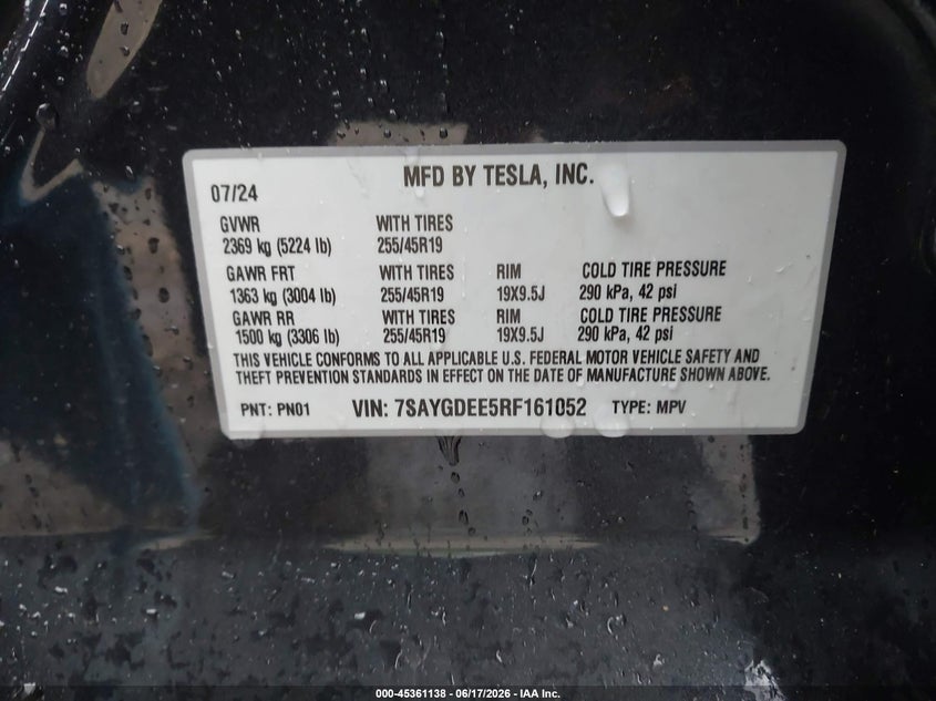 2024 Tesla Model y VIN 7SAYGDEE5RF161052 IAAI salvage auction — LEFT SIDE, Salvage (Wisconsin), sold $16,325 on 2026-07-09 (photo 9)