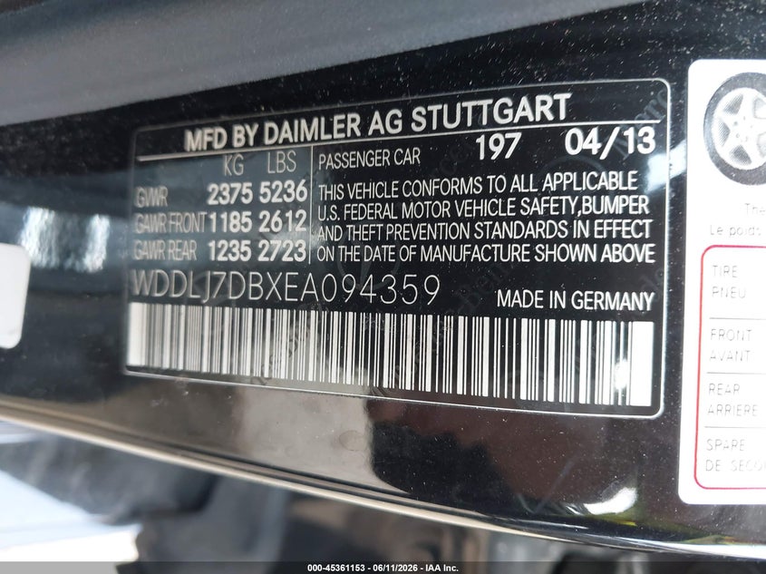 2014 Mercedes-benz VIN WDDLJ7DBXEA094359 IAAI salvage auction — RIGHT SIDE, Salvage (Massachusetts), sold $1,800 on 2026-07-28 (photo 9)