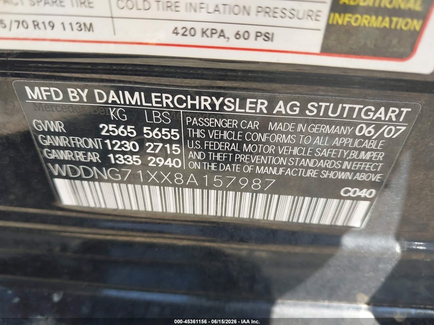 2008 Mercedes-benz S class VIN WDDNG71XX8A157987 IAAI salvage auction — REAR END, Salvage (Georgia), sold $1,750 on 2026-07-16 (photo 9)