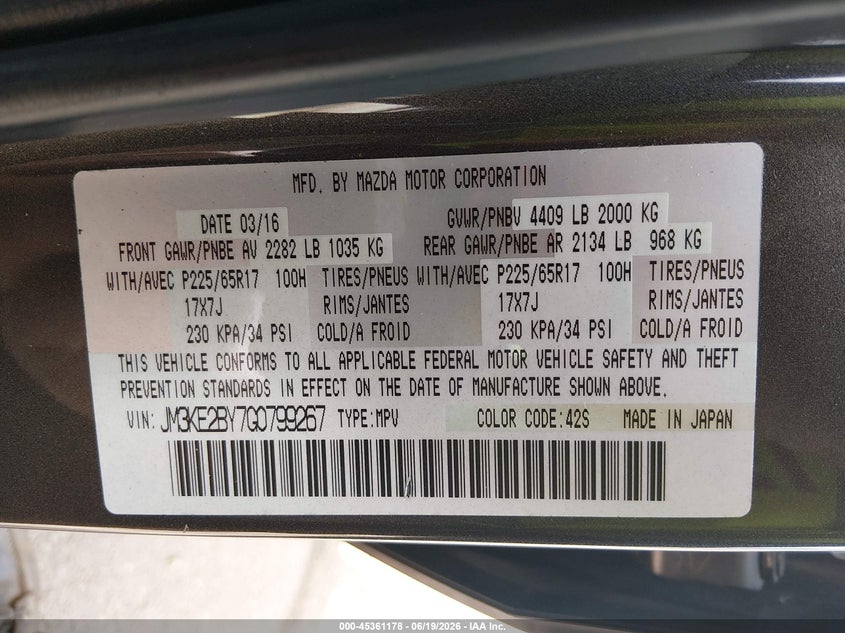 2016 Mazda Cx-5 VIN JM3KE2BY7G0799267 IAAI salvage auction — RIGHT SIDE, Salvage (Mississippi), sold $2,650 on 2026-07-23 (photo 9)