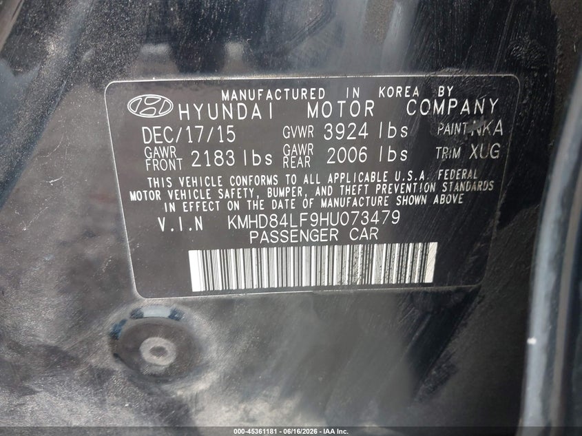 2017 Hyundai Elantra VIN KMHD84LF9HU073479 IAAI salvage auction — RIGHT REAR, Salvage (South Carolina), sold $900 on 2026-07-15 (photo 9)