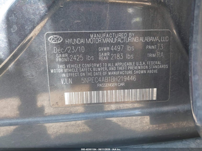 2011 Hyundai Sonata VIN 5NPEC4AB1BH219446 IAAI salvage auction — NORMAL WEAR, Clear-Dealer Only (Arizona), sold $1,000 on 2026-07-07 (photo 9)
