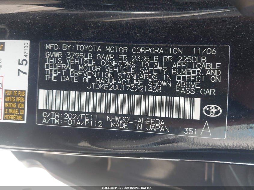2007 Toyota Prius VIN JTDKB20U173221438 IAAI salvage auction — NORMAL WEAR, Clear (North Carolina), sold $650 on 2026-07-08 (photo 9)
