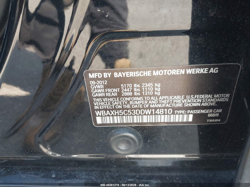 2013 BMW 5er VIN WBAXH5C53DDW14810 IAAI salvage auction — FRONT END, Salvage (New Jersey), sold $575 on 2026-07-27 (photo 9)