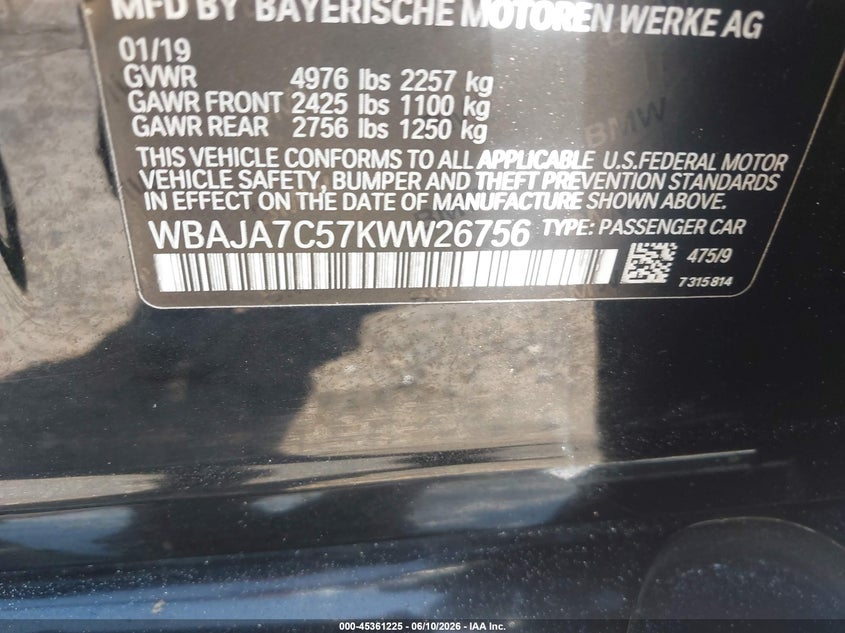 2019 BMW 5er VIN WBAJA7C57KWW26756 IAAI salvage auction — RIGHT SIDE, Clear (Arkansas), sold $6,200 on 2026-07-22 (photo 9)