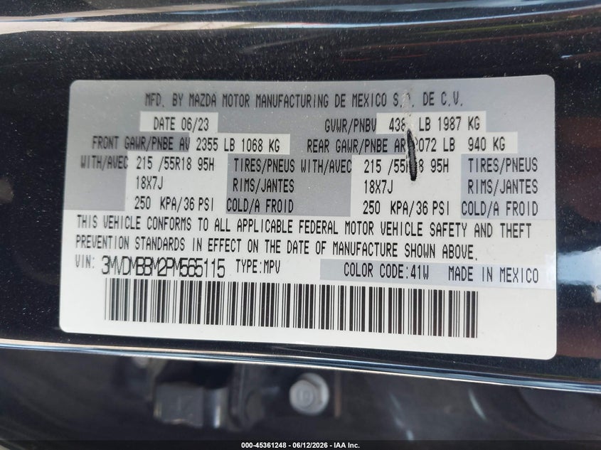 2023 Mazda Cx-30 VIN 3MVDMBBM2PM565115 IAAI salvage auction — FRONT END, Salvage Title, sold $3,700 on 2026-08-21 (photo 9)