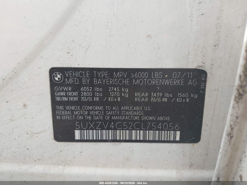 2012 BMW X5 VIN 5UXZV4C52CL754056 IAAI salvage auction — FRONT END, Clear (Massachusetts), sold $350 on 2026-07-14 (photo 9)