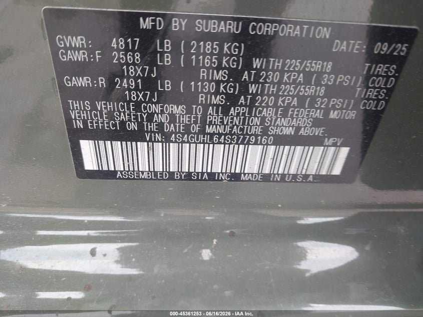 2025 Subaru Xv VIN 4S4GUHL64S3779160 IAAI salvage auction — RIGHT FRONT, Salvage Title, sold $7,100 on 2026-08-30 (photo 9)