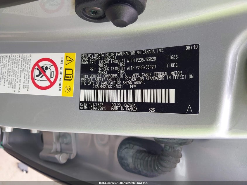 2019 Lexus Rx VIN 2T2ZZMCA0KC151031 IAAI salvage auction — LEFT SIDE, Original (Texas), sold $15,200 on 2026-07-28 (photo 9)