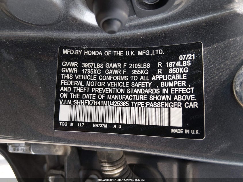 2021 Honda Civic VIN SHHFK7H41MU425365 IAAI salvage auction — RIGHT SIDE, Salvage (Illinois), sold $5,150 on 2026-07-28 (photo 9)