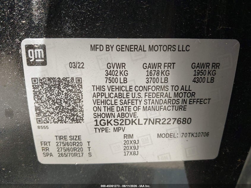 2022 Gmc Yukon VIN 1GKS2DKL7NR227680 IAAI salvage auction — LEFT SIDE, Salvage (Ohio), sold $17,000 on 2026-07-09 (photo 9)