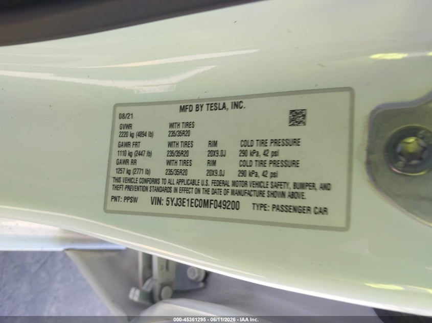 2021 Tesla Model 3 VIN 5YJ3E1EC0MF049200 IAAI salvage auction — FRONT END, Salvage (California), sold $8,600 on 2026-07-29 (photo 9)