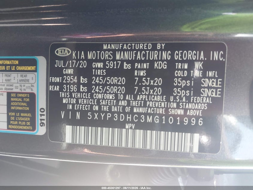 2021 Kia Telluride VIN 5XYP3DHC3MG101996 IAAI salvage auction — FRESH WATER, Salvage (Tennessee), sold $7,500 on 2026-07-29 (photo 9)