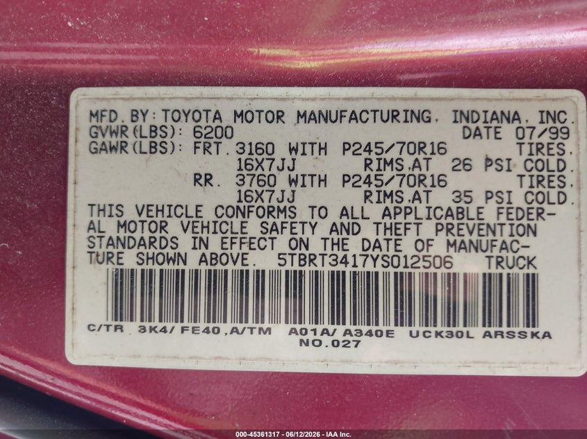 2000 Toyota Tundra VIN 5TBRT3417YS012506 IAAI salvage auction — NORMAL WEAR, Original (Texas), sold $1,000 on 2026-07-08 (photo 9)