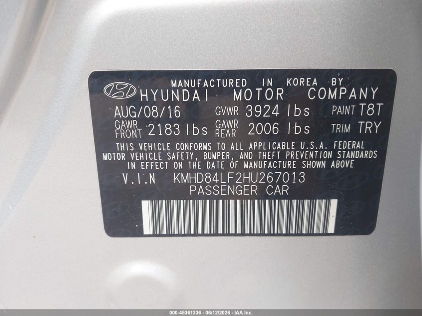 2017 Hyundai Elantra VIN KMHD84LF2HU267013 IAAI salvage auction — FRONT END, Clear (Arkansas), sold $2,575 on 2026-07-22 (photo 9)