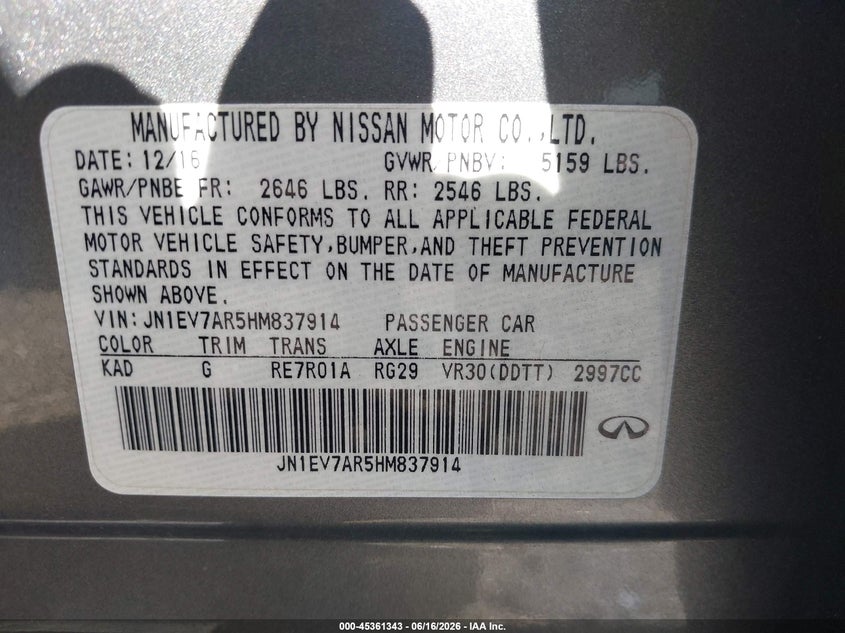 2017 Infiniti Q50 VIN JN1EV7AR5HM837914 IAAI salvage auction — THEFT, Salvage (Virginia), sold $925 on 2026-07-22 (photo 9)