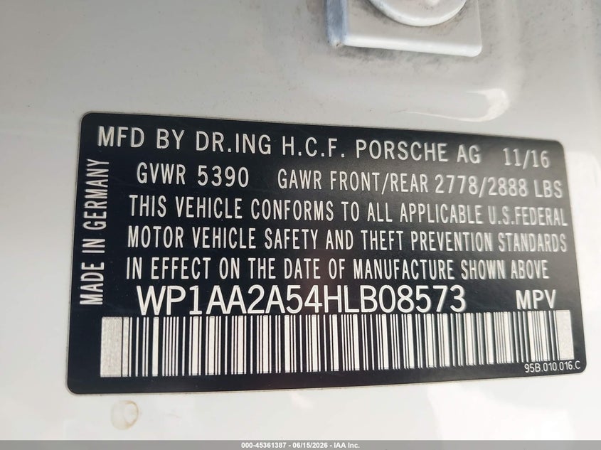 2017 Porsche Macan VIN WP1AA2A54HLB08573 IAAI salvage auction — FRONT END, Rebuildable (Florida), sold $4,625 on 2026-07-23 (photo 9)