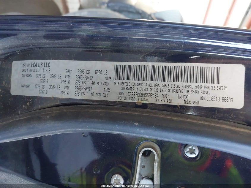 2017 Ram 1500 VIN 1C6RR7KG8HS592464 IAAI salvage auction — NORMAL WEAR, SF97 (California), sold $9,100 on 2026-07-30 (photo 9)