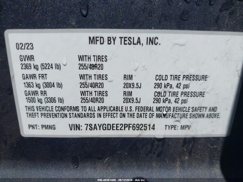 2023 Tesla Model y VIN 7SAYGDEE2PF692514 IAAI salvage auction — RIGHT FRONT, Salvage (Virginia), sold $12,000 on 2026-07-08 (photo 9)