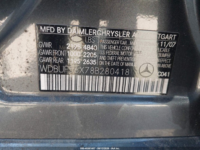 2008 Mercedes-benz E-klasse VIN WDBUF56X78B280418 IAAI salvage auction — LEFT FRONT, Salvage (California), sold $475 on 2026-07-29 (photo 9)
