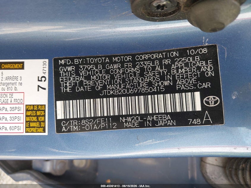 2009 Toyota Prius VIN JTDKB20U697850415 IAAI salvage auction — NORMAL WEAR, Clear (Washington), sold $5,800 on 2026-07-15 (photo 9)