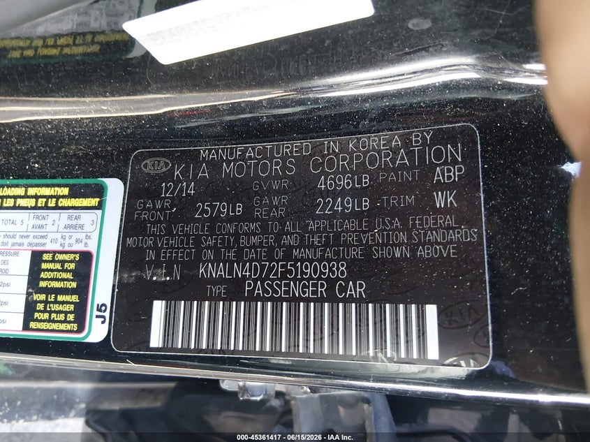 2015 Kia Cadenza VIN KNALN4D72F5190938 IAAI salvage auction — ROLLOVER, Salvage (Tennessee), sold $375 on 2026-07-22 (photo 9)